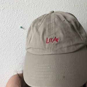 Tan dad hat with “Lit AF” on the front